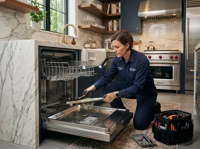 Appliance Repair Hero technician servicing a built-in dishwasher in a Andrews, SC kitchen