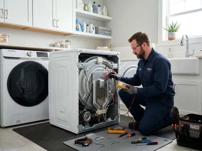 Appliance Repair Hero technician checking a dryer heating element with the rear panel off in Andrews, SC