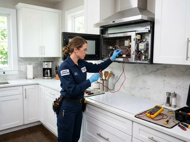 Appliance Repair Hero technician testing an over-the-range microwave in a Andrews, SC kitchen