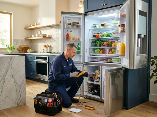 Appliance Repair Hero refrigerator technician testing a fridge on a Andrews, SC service call