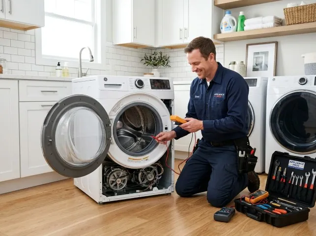 Appliance Repair Hero technician testing a front-load washer with a multimeter on a Andrews, SC service call